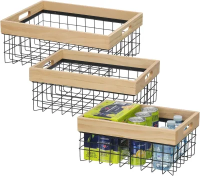 Set of 3 Metal Wire Baskets with Wood Top & Handles Farmhouse Decor Storage Organizer for Kitchen Islands & Carts