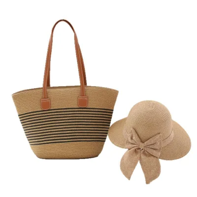 In-stock Large-capacity Natural Grass Straw Bag Hat Two-piece Set Outdoor Travel Wide Brim Make Your Face Look Smaller Trendy