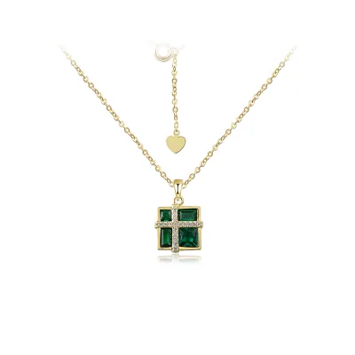 Grace Cross Beautiful Green Nano Crystal 925 Silver Gold Plated Pendant Necklace 18K Gold Women's Elegant Gift Jewelry