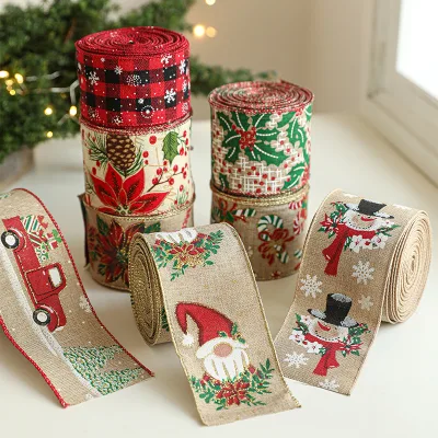 Printing Linen Christmas Ribbon Christmas Tree Rattan Garland Decorative Ribbon Party Decoration Ribbons