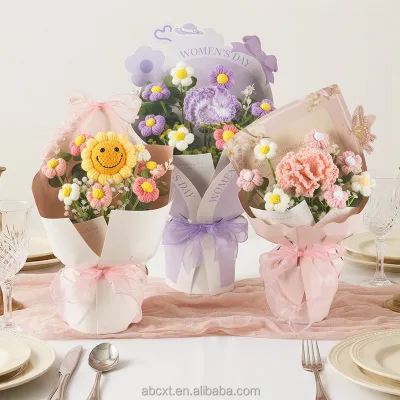 Handmade Crochet Carnation Flower Bouquet Knitted Yarn Artificial Flowers Mother Day Gift for Mom Friends Women