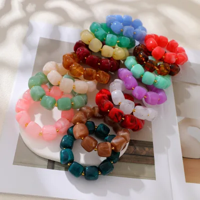 Bohemian Beaded Bracelets for Women Gold Plated Colorful Chunky Square Bead Resin Bracelet