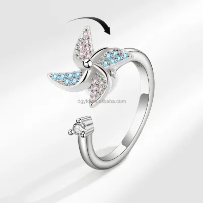 Rotating Ring Zircon Inlay Windmill-style Open-end Ring Prong Setting for Women Spinner Ring Anxiety Stress Relief Ring