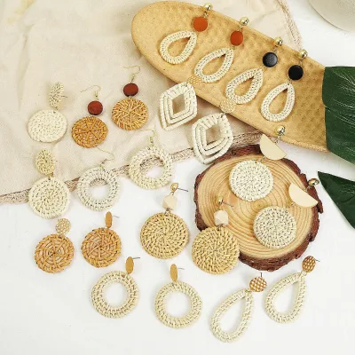 Hot Selling Earrings Wooden Bohemian Earrings Bamboo Rattan Hand-Woven Rattan Earrings