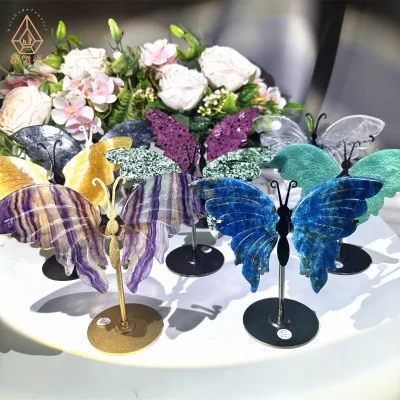 Wholesale Natural Crystal Crafts Rose Quartz  Butterfly  Healing Quartz clear Quartz Wings Crystal Carvings for Decoration