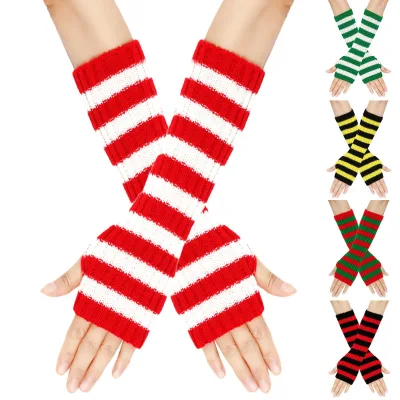 Mens Womens Opera-Length Cotton/Spandex Knitted Gloves New Fall/Winter Style Christmas Warm Striped Fingerless