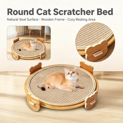 Stylish Round Wooden Frame Sisal Cat Scratcher Durable Claw Grinding Mat for Cat Resting Playing in Living Room Areas
