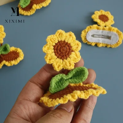 Cute Mini Handmade Cartoon Knitted Wool Crocheted Baby Party Accessories Sweet Crochet Sunflower Hair Clip