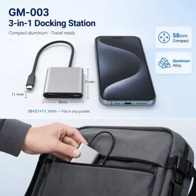 Mini 3 in 1 USB C Hub HDTV 4K60Hz PD100W USB 3.0 5Gbps Anodized Aluminum Travel Docking Phone Mobile Office for Laptop PC