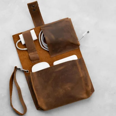 Personalized Full Grain Leather Cable Organizer, Customized Travel Electronics Holder