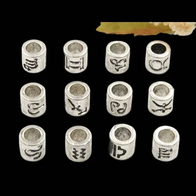 Retro Ancient Silver Twelve Zodiac Sign Perforated Large Hole Diy Handcrafted Bracelet, Jewelry, Beaded Accessories