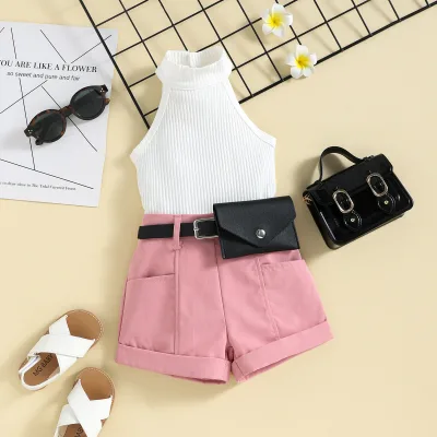 Lovely Summer APink Baby Girls Suit Sleeveless Cotton Vest Shorts with Pockets Three-piece Candy-colored Suit