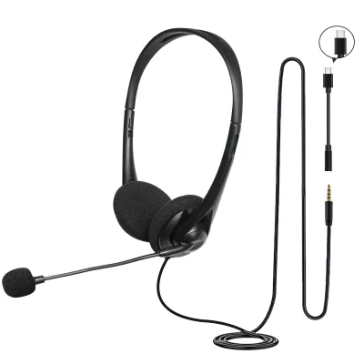Factory Direct High Quality Wired Headset with 3.5mm Audio Jack and Type-C Adapter Rotatable Microphone Adjustable Headband