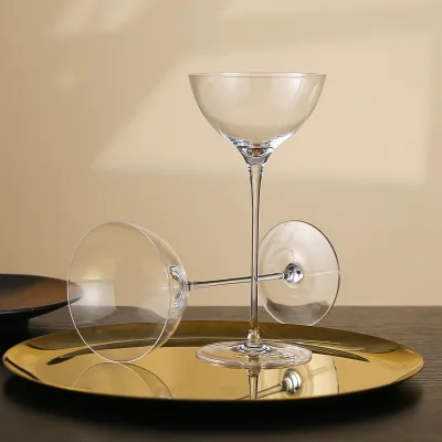 Lead - Free Crystal Champagne Coupe Hand Blown Cocktail Glass V - Shaped Bowl Long Stem for Bar Party Wedding