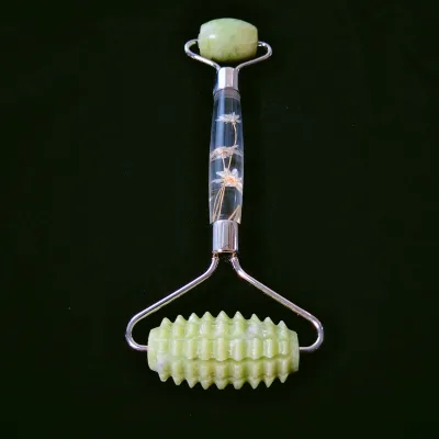Huiying Double roller flower handle facial slimming face skin care natural jade xiuyan spiky massage roller