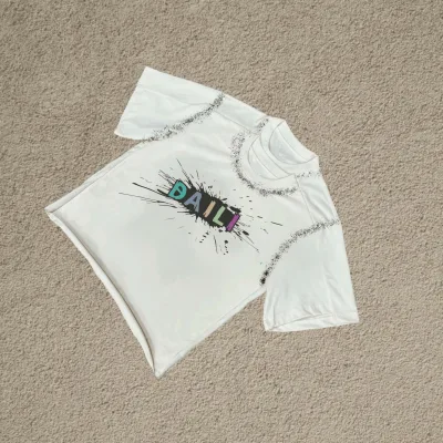 Vintage Hole Double Neckline Printed t shirts High Street Splicing oversized Graphic Distressed T-shirts for men