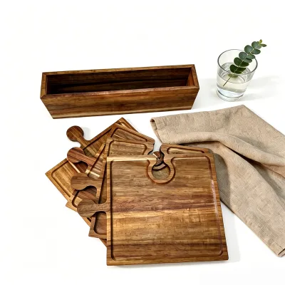 Acacia Wood Puzzle Cutting Board Set, 4 Interlocking Serving Trays for Cheese, Charcuterie & Food Prep