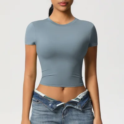 Custom Logo Newest Ladies Elastic Breathable Short Sleeve Crop Top Yoga Fitness Active Top for Women