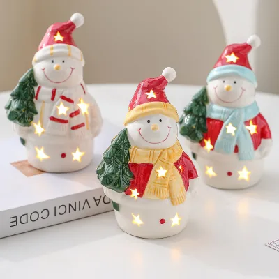 New Eco-Friendly Holiday Christmas Decorations Ceramic Christmas Tree Snowman Night Light Ornaments Display Pieces Scene Setup