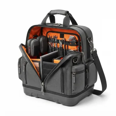 Waterproof Polyester Hard Bottom Portable Tool Bag 12+ Compartments Heavy Duty Multi-functional Maintenance Bag for HVAC