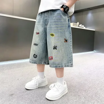 Boys Denim Shorts Summer Thin Style 2026 New Arrival Older Kids' High Waist Elastic Waist Cartoon Printed Outdoor Wear