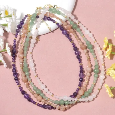 Bohemian Natural Stone Rose Quartz Sunstone Mixed Round Beads Adjustable Necklace for Women Daily Birthday Anniversary Gift