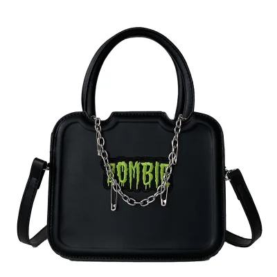 Customized Gothic Purse With Silver Chain Decoration Cool Black Women Crossbody Bag Embroidery Pattern