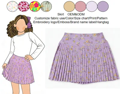 2026 Lavender Floral Print Pleated Kids Tennis Skirt High Waist Girls Activewear Allover Pleated Skort