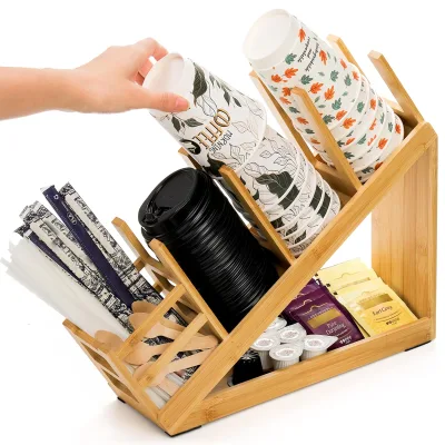 Bamboo Coffee Beverage Cup Dispenser Disposable Paper Cup Station Organizer Paper Cup and Lid Holder with Straw Organizer