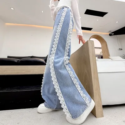 2025 New Girls Korean Style Spring Summer Jeans Lace Decorated Washed Straight Pants in Medium Large Sizes for Kids