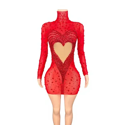 Summer Mesh Tassel Long-Sleeve Hollow-Out Bodycon Anti-Wrinkle Formal Gown High-Neck Cross-Border Mini Dress