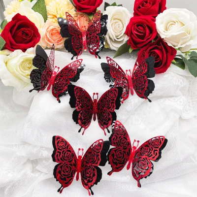 6PCS Butterfly Wall Decals Removable 3D Red Butterflies Sticker Double Side for Home Bedroom Kids Room Decor Valentine's Day