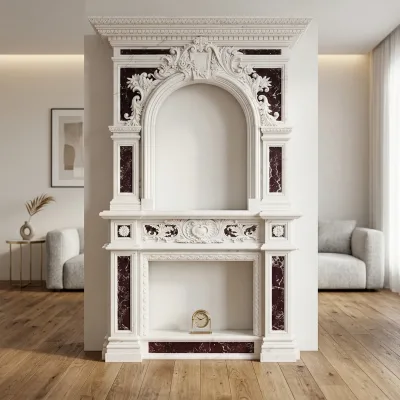 Hand Carved Two Tier Double Decker Marble Fireplace Mantel Inlaid Stone Fireplace Surround for Villa