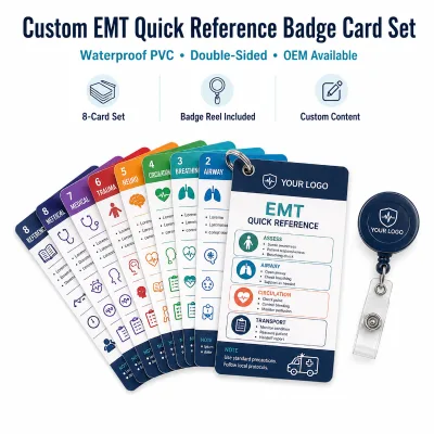 Custom EMT Quick Reference PVC Badge Cards Waterproof Double Sided EMS Pocket Guide Set with Reel for Training Schools