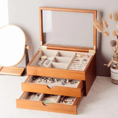 Modern Minimalist Solid Wood Three-Layer Gold Jewelry Storage Box with Necklace Compartment