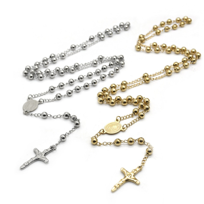 Religious Rosary Virgine Pendant Stainless Steel Beaded Cross Chain Necklace Jewelry