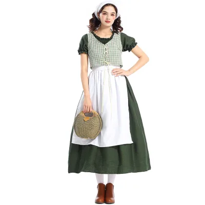 Dark Green Cotton Echo Women's Skirt Pastoral Plaid Victorian Medieval Style Halloween Christmas TV & Movie Costume