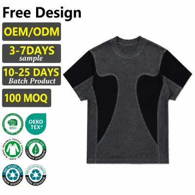 LEDUO Vintage Washed Color Block Short Sleeve T Shirt Men Formal Oversized Crew Neck Fashion Streetwear Summer Polyester/Cotton