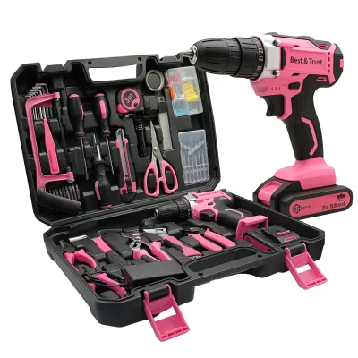 Hot Sale 21V Pink Tool Kit with Hard Case Cordless Drill Ratchet Wrench Socket Set Mechanic Toolbox Hammer Pliers Gift