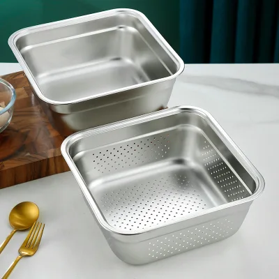 Stainless Steel Square Basin Metal Colander Strainer for Vegetables Soup Fast Food Rice Malatang Bowl Punching Drain