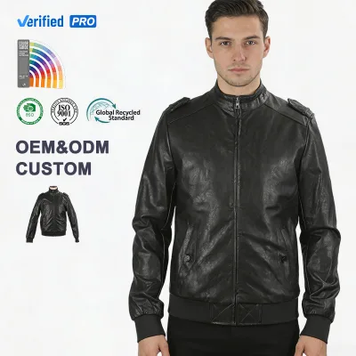 Custom Men's Faux Leather Biker Jacket Vintage Casual Zip up Outerwear Private Label Manufacturer