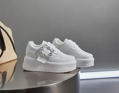 Women's Trendy White with Diamond Buckle Square Rhinestone Thick Bottom-Breathable Beloved Increased Spring Shoes