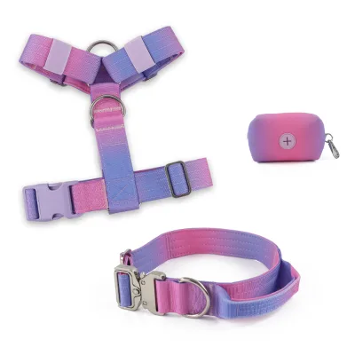 Gradient Purple Dog Harness Collar With Poop Bag Holder 3 PCS Set for Small Medium Large Dogs Outdoor Walking