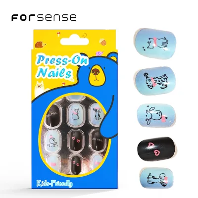 cartoon balloon dog charms children short nails cute animal print press on nails kawaii black small size blue kids nail supplies