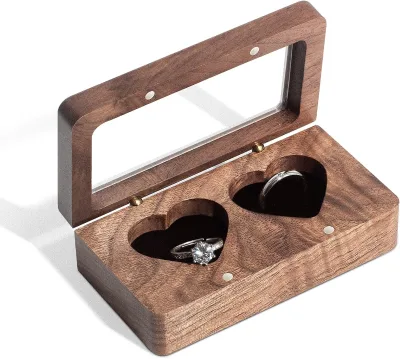 Wedding Ring Box Wooden Double Heart Ring Holder for Weddings and Engagements (Walnut)