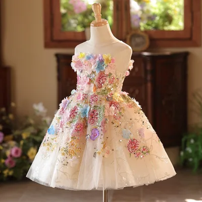 2026 Boutique Wholesale Girls Luxury  Flower Design Princess Party Dress Wedding Dress Sleeveless Flower Girl Dress
