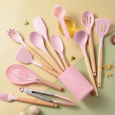 14PCS BPA Free Silicone Kitchen Utensil Set with Wooden Handle Cooking Tools Non-Stick Kitchenware Durable Spatula Turner Spoon