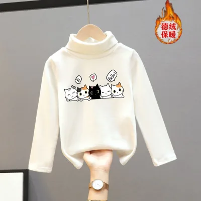Autumn/Winter Children's Animal Cartoon Print Warm Base Layer Terry-Fleece Long-Sleeve Neck Cute Inner Wear Top for Girls Babies