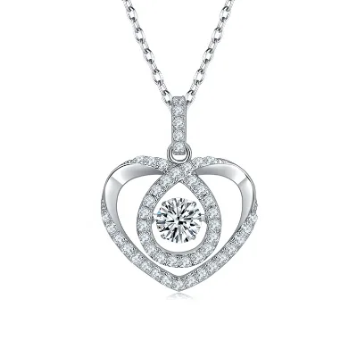 Fashion Dancing Necklace Heart Pendant Women Illusion Setting Moving Stone Pendant Solid 925 Sterling Silver Necklace Pendants
