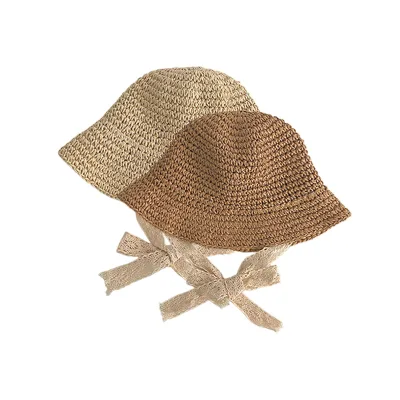 Wholesale Kids Foldable Outdoor Travel Natural Grass Striped Bucket Straw Fisherman Hats Cycling Sports Fishing Casual Sun